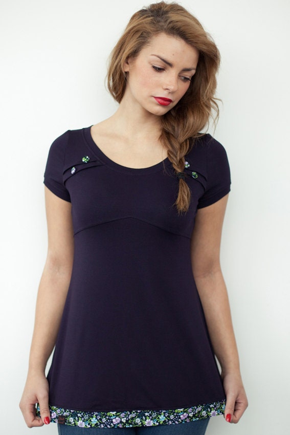 dark purple jersey shirt - flowers - buttons