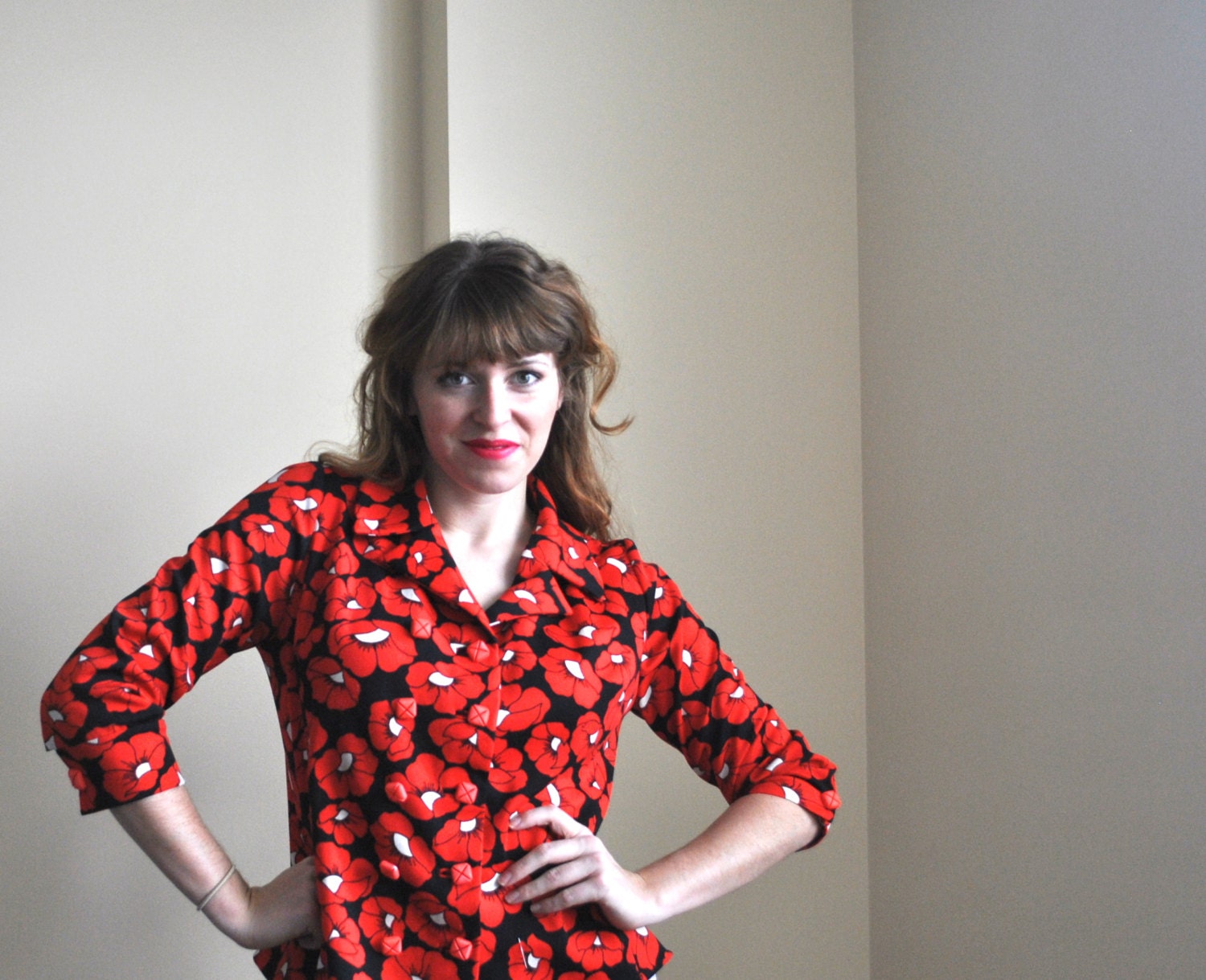 Large Red Floral Shirt - Vintage Poppy Floral Spring Shirt - Red Poppy Pattern - Large Womens Top