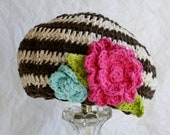 Girls Crochet Hat, Slouchy-Beret, Brown, Cream, Pink, Green, Blue, Handmade, Spring, Knit, Kids, Accessories