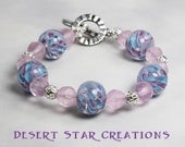 Glass Lampwork Beaded Bracelet and Earring Set Pink and Blue Swirls