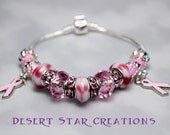 Silver Chain Breast Cancer Bracelet, Euro Style Charm Bracelet, Awareness Large Hole Beads Bracelet, Cancer Support Bracelet