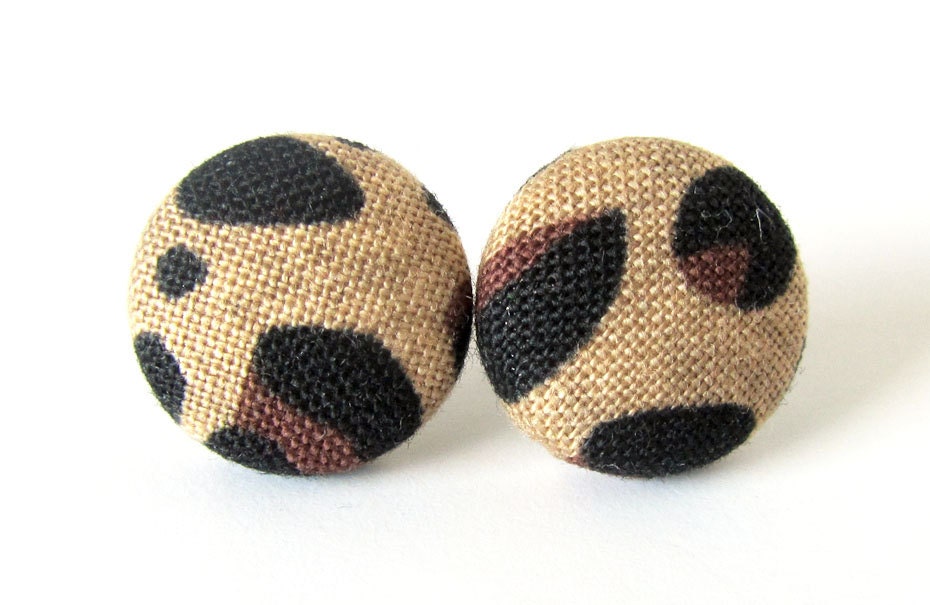Animal print button earrings studs cheetah leopard bobcat jaguar brown black