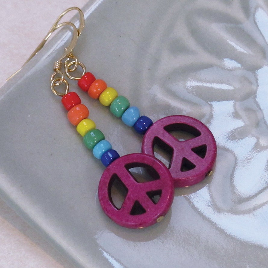 Peace Earrings - Dark Magenta with Rainbow Seed Beads