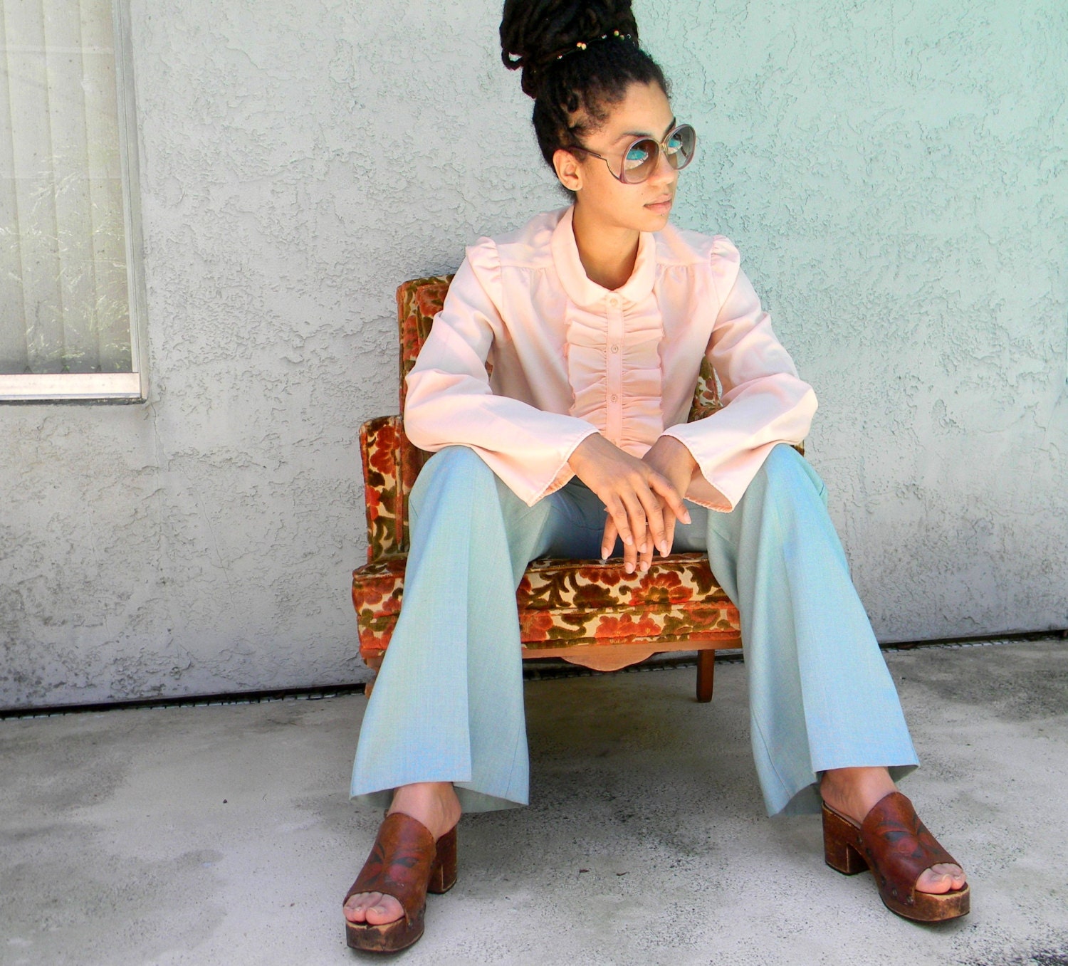 Charlie's Angels Bellbottoms - Vintage 70s High Waisted Aquamarine Mint Green Bellbottom Pants by Farah - Size 5/6
