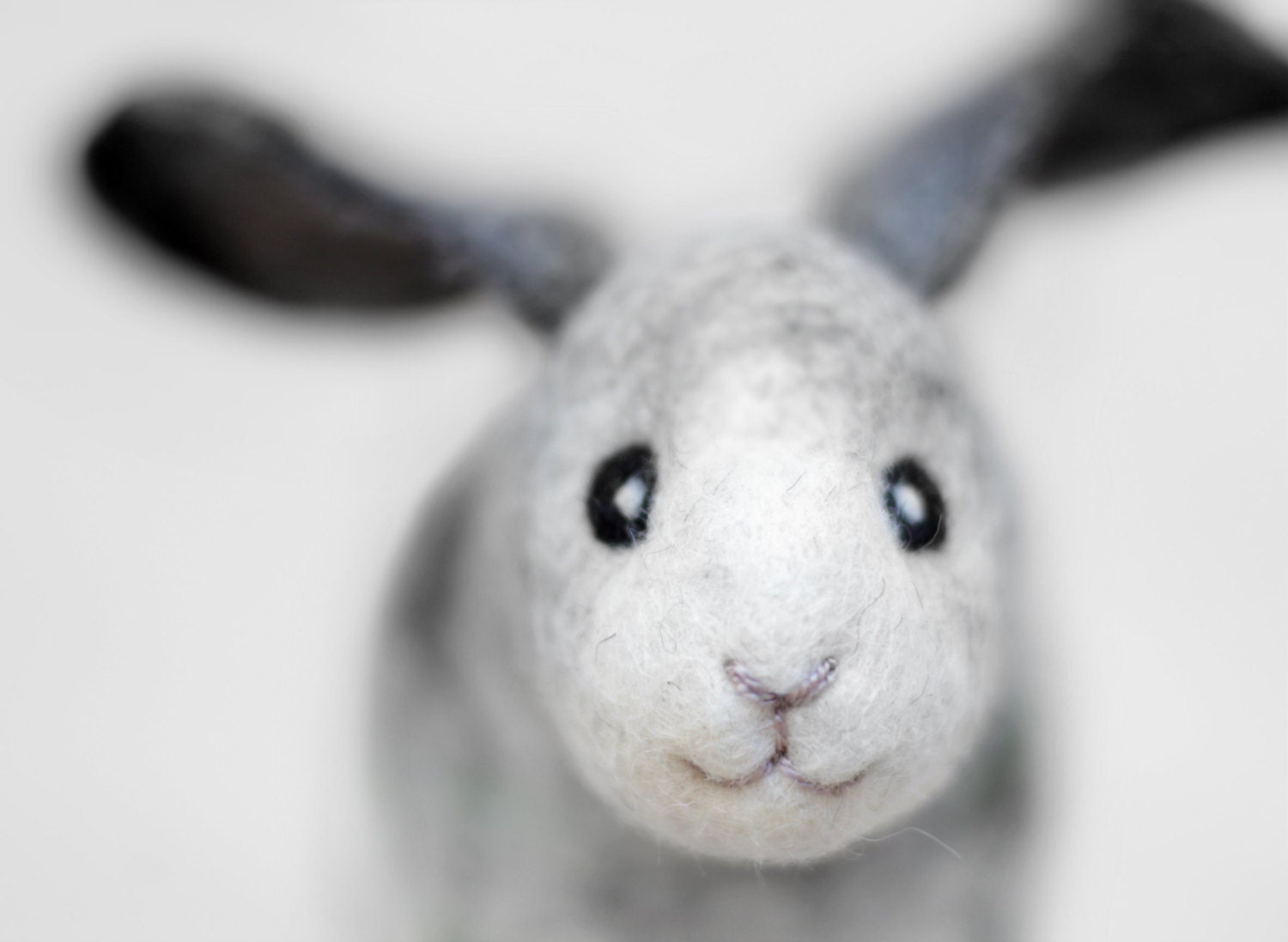 Robert - Felt  Bunny. Art Toy. Handmade Felted Hare Stuffed. grey gray black neutral, green. MADE TO ORDER