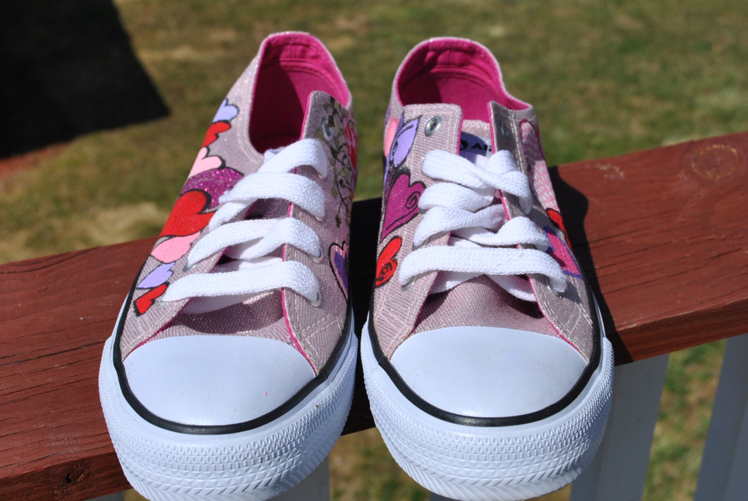 Cute little pink sparkly hand painted sneakers size 8 full of hearts