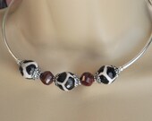 Leopard Agate, Burgundy Crystal and Silver Bar Choker Necklace and Earring Set