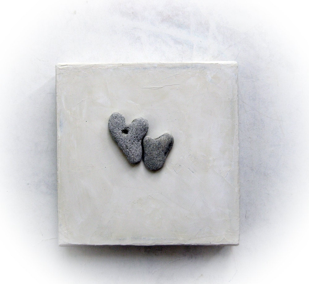 Unique Personalized Wedding Gift - Canvas Ready to Hang -  genuine Heart shaped Beach stones rocks