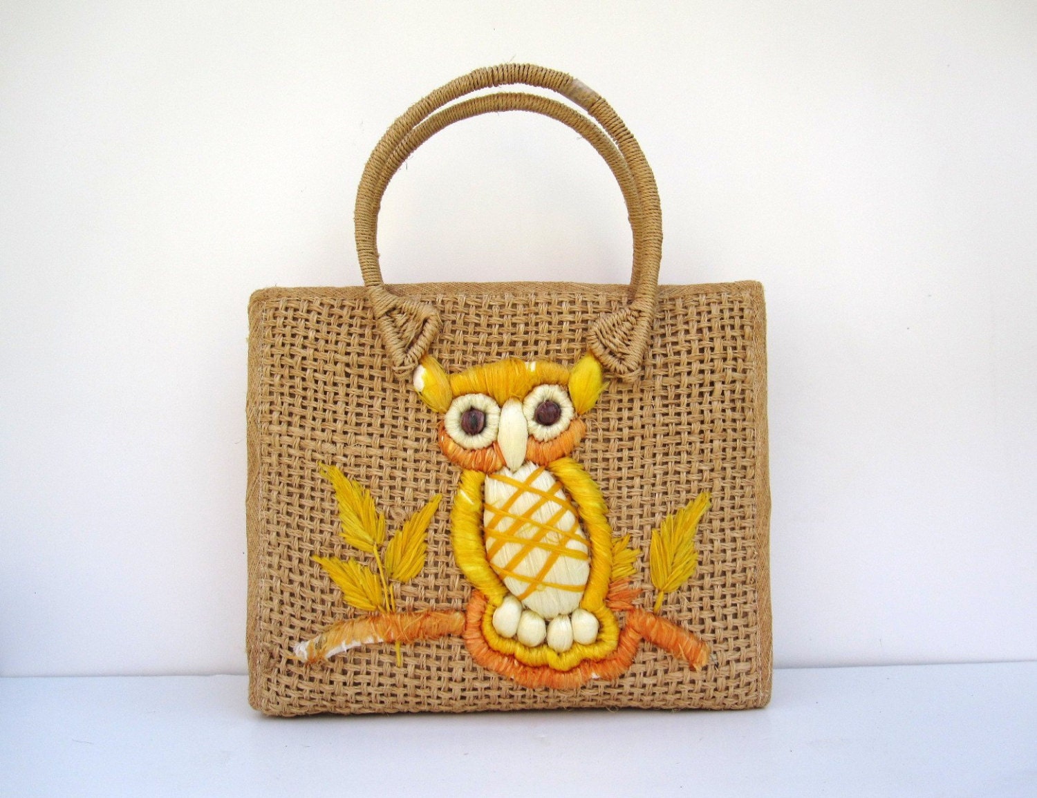 Owl Tote Bag - Straw Purse or Handbag - Orange and Yellow