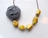 Mothers day gray yellow statement necklace fabric flower beaded