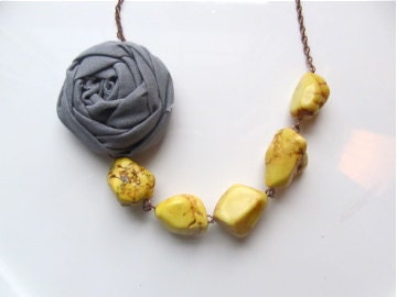 Mothers day gray yellow statement necklace fabric flower beaded