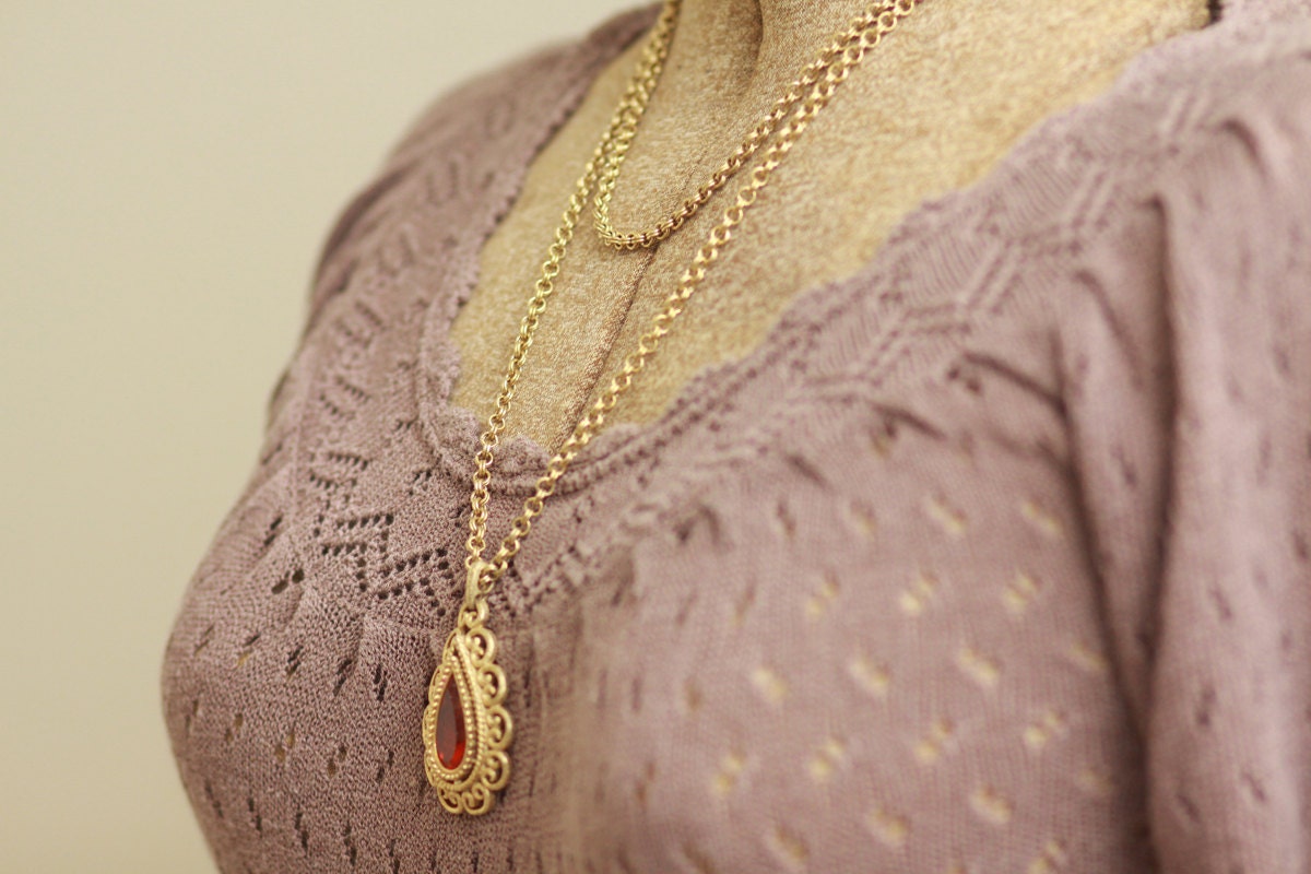 Vintage Gold Necklace . Blood Orange Gem . Avon 1970s Double Chain . Gift for Her . Jewelry