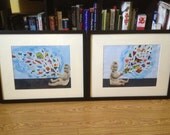 Set of Two Original Collages with Painted Background. Funny Babies-Happy Baby, Mad Baby with colorful paint swirls. Nursery Art, Mothers Day