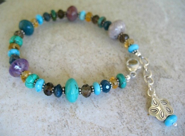Turquoise Bracelet Multicolor Beaded Jewelry Sterling Silver Gemstone Bracelet