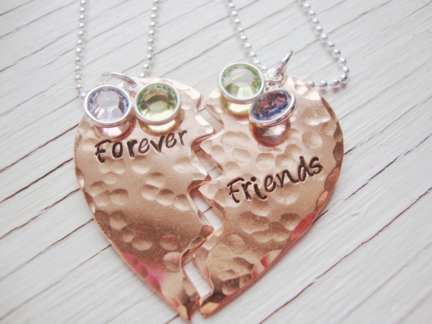 Forever friends hand stamped copper heart share necklace set of two with birthstone crystals