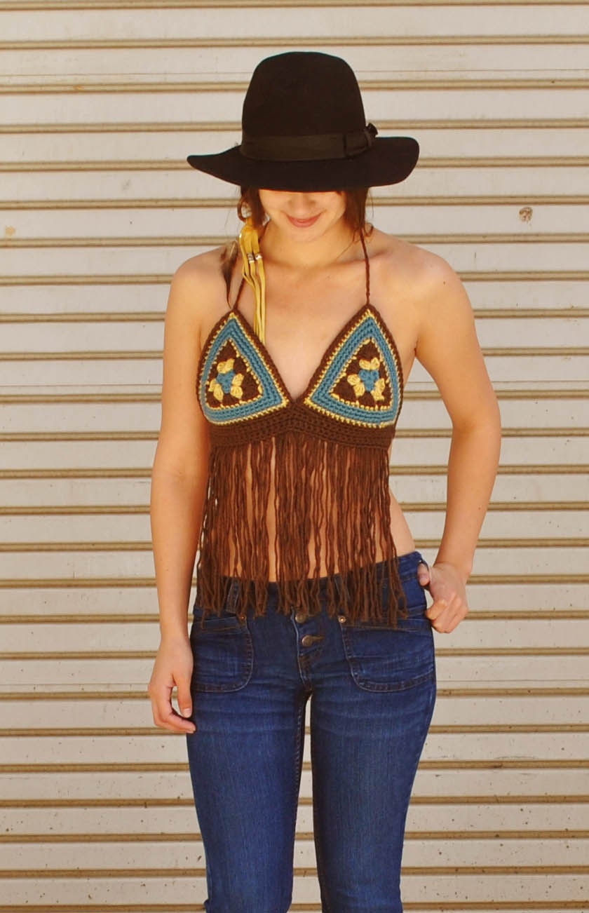 Dusty Blue Crochet Granny Square Bikini / Boho / Gypsy Top with Fringe