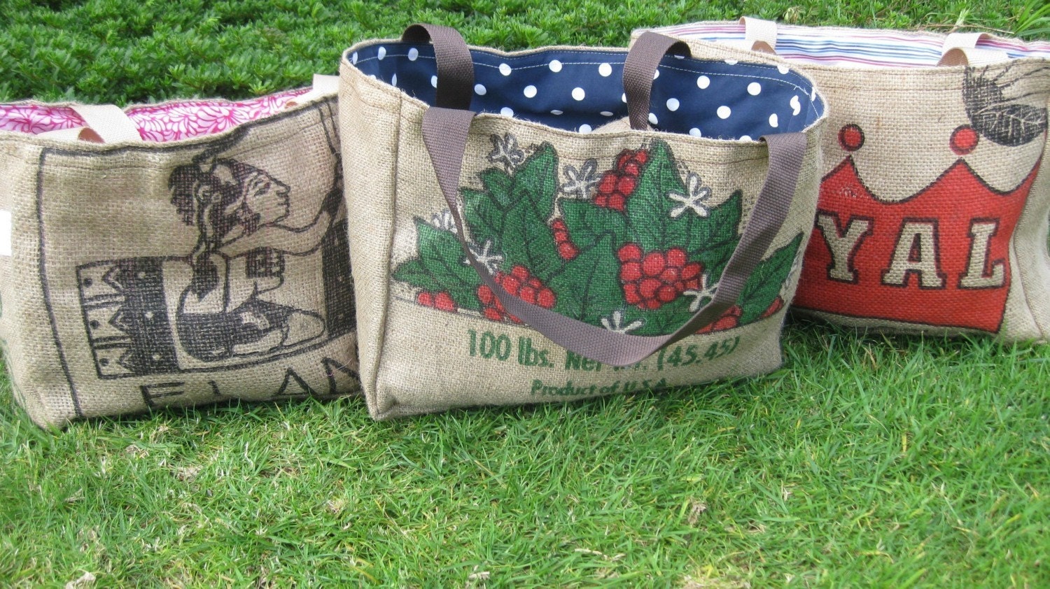 7 Eco-Friendly Semi Custom Tote Bags - Handmade from Recycled Coffee Sacks
