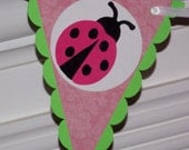 Pink Ladybug Happy Birthday Banner ... pink green white ... polka dot stripes ... READY TO SHIP ... panels adjustable Il_170x135