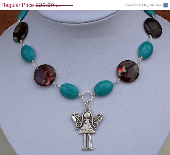 Turquoise, Mother of Pearl and Angel Pendant Necklace, Gemstone Necklace, Handmade jewelry