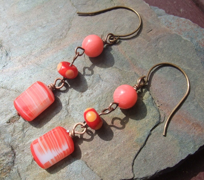 Vintage, Coral, Handmade, Lampwork, Dots, Spots, Circles, Stripes,Rectangle, Dangle, Charm, Earrings