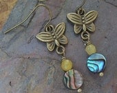 Tiny Butterfly with Buttercup and Coin Beads, Dangle Earrings