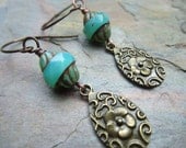 Blue with Flower Antique Brass Earrings