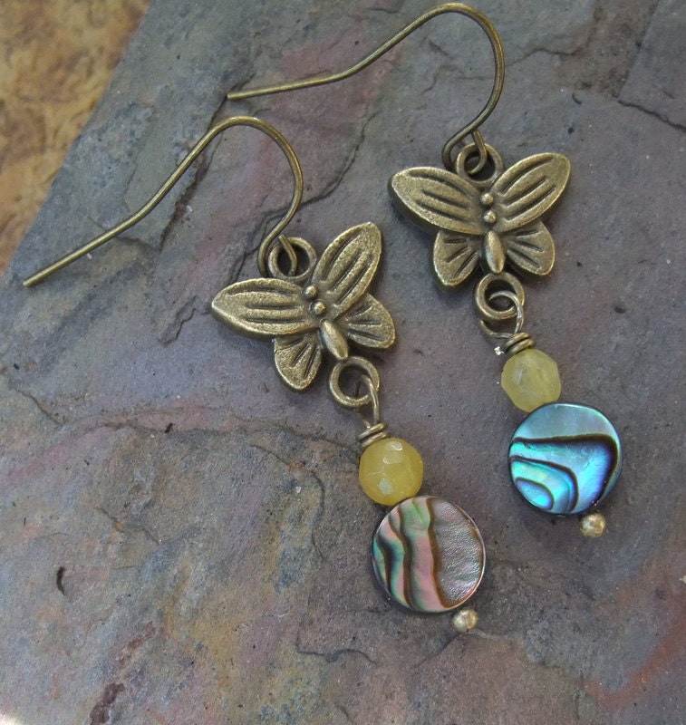 Tiny Butterfly with Buttercup and Coin Beads, Dangle Earrings