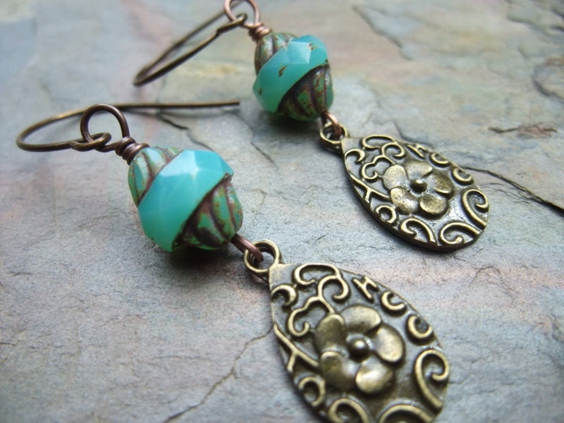 Blue with Flower Antique Brass Earrings