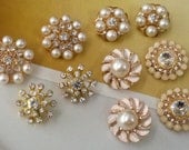 Gold Metal Rhinestone and Pearl Buttons.  Assorted  10 Pieces.