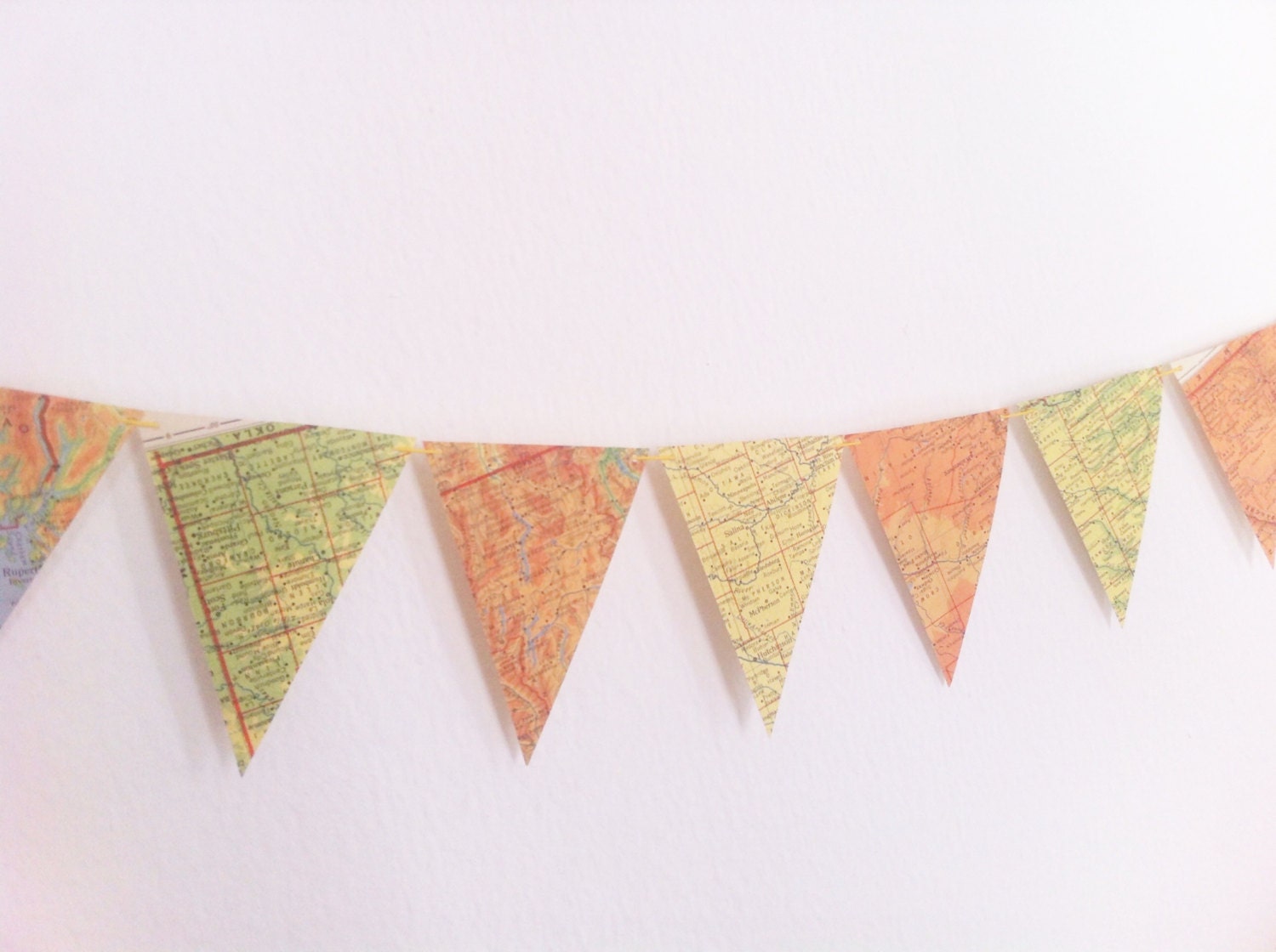 Sunny Spring decor. Vintage map bunting in orange, peach, lemon, lime. Shabby chic, romantic home decor.