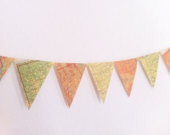 Sunny Spring decor. Vintage map bunting in orange, peach, lemon, lime. Shabby chic, romantic home decor.