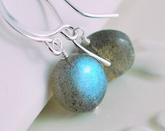 NEW Labradorite Earrings Drop, Smooth Coin Shape, Wire Wrapped, Simple Sterling Silver Jewelry, Free Shipping