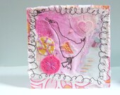 SALE -  duck - mini mounted original textile art -  illustration -  mixed media- pink and golden yellow