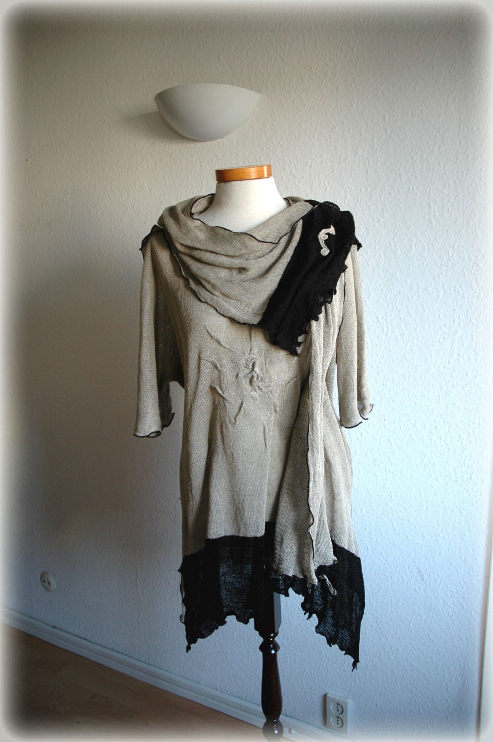 Grey Black Asymmetrical Tunic Dress Linen Knitted and Scarf  With Appliques Eco Friendly Clothing Natural Plus   Size