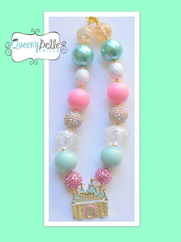 Enchanted Castle GIrls Chunky Beaded Necklace Pink Aqua Gold White