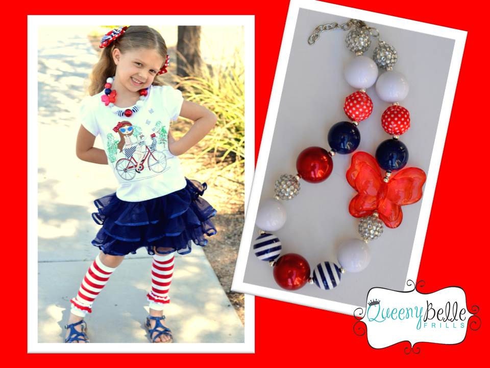 Girls Chunky Beaded NEcklace Perfect for the 4th. "Flutter" Red White and Blue