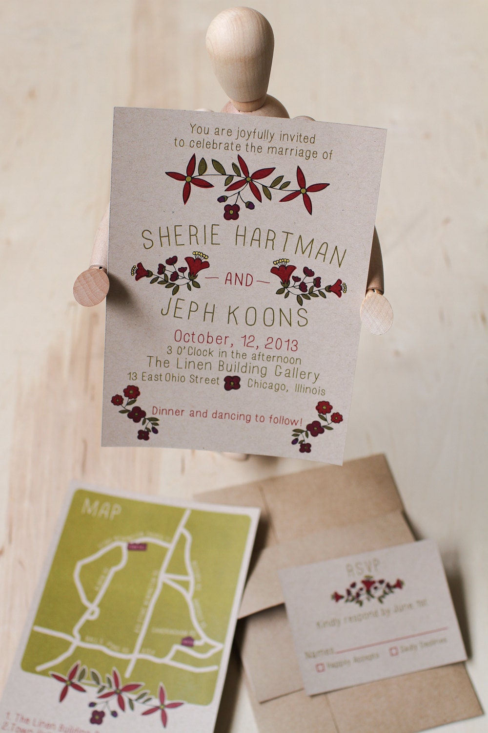 Swedish Style Floral Custom Invitation with Illustrated Map & RSVP