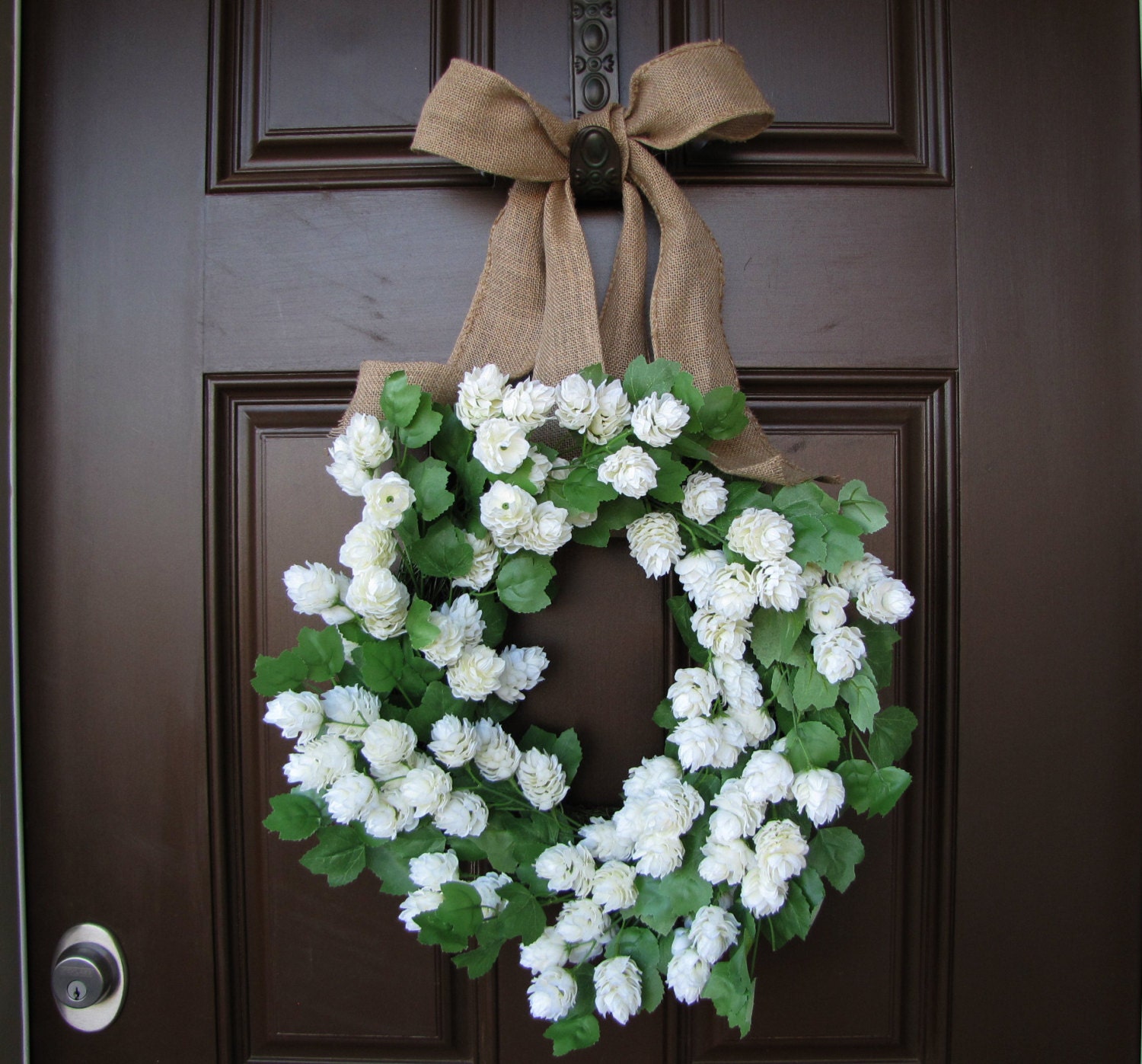 Year Round White Blooms and  Greenery Wreath with Burlap Bow, Spring Burlap Wreath, Summer Wreath