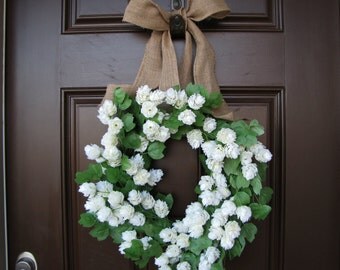 Year Round White Blooms and  Greenery Wreath with Burlap Bow, Spring Burlap Wreath, Summer Wreath