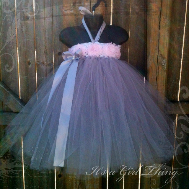 Grey and Pink Tutu Dress with Shabby Rosettes and a Ribbon Bow - Up to 4T
