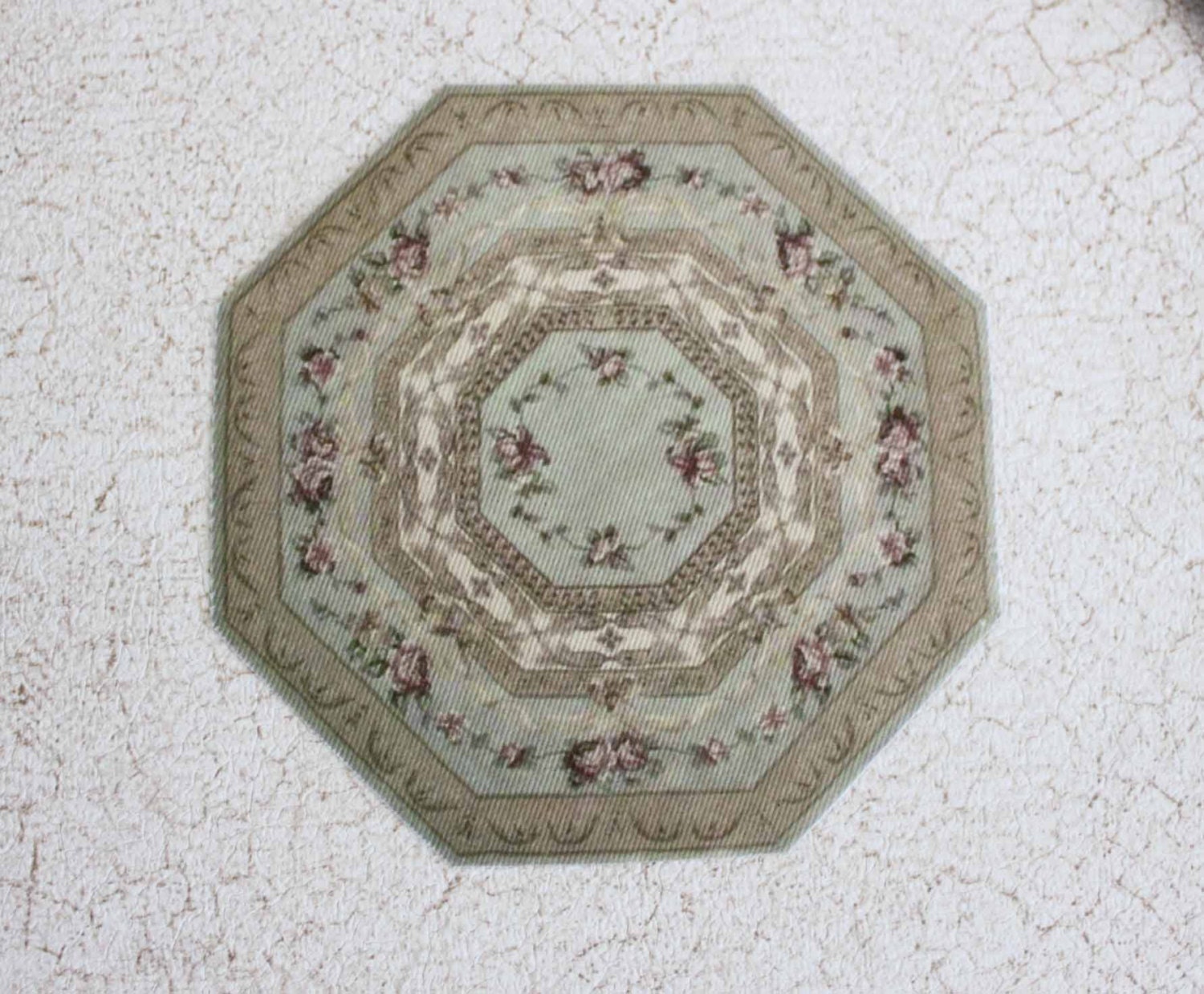 Dollhouse Rug Rectangular Aubusson Sage Green With Roses One Twelfth Scale