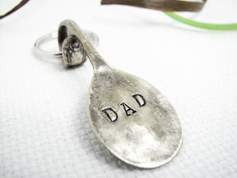 Personalized Key Ring - Hand Stamped Dad Keychain, Tiny Rustic Vintage Silver Plated Spoon, Father's Day Gift
