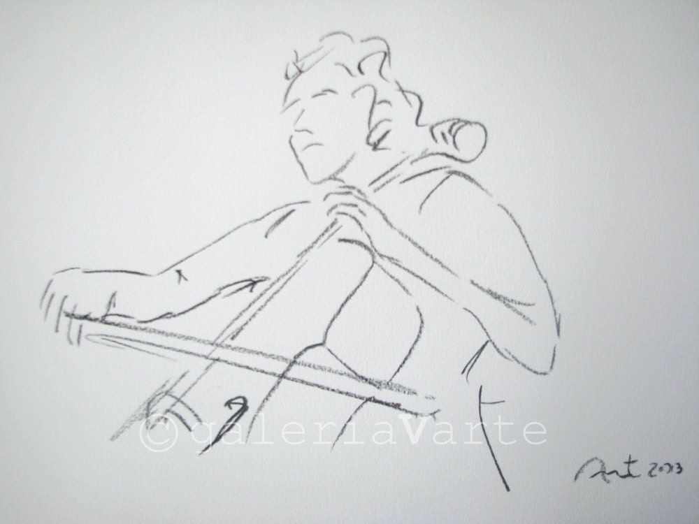Original charcoal drawing - music - cello - europeanstreetteam