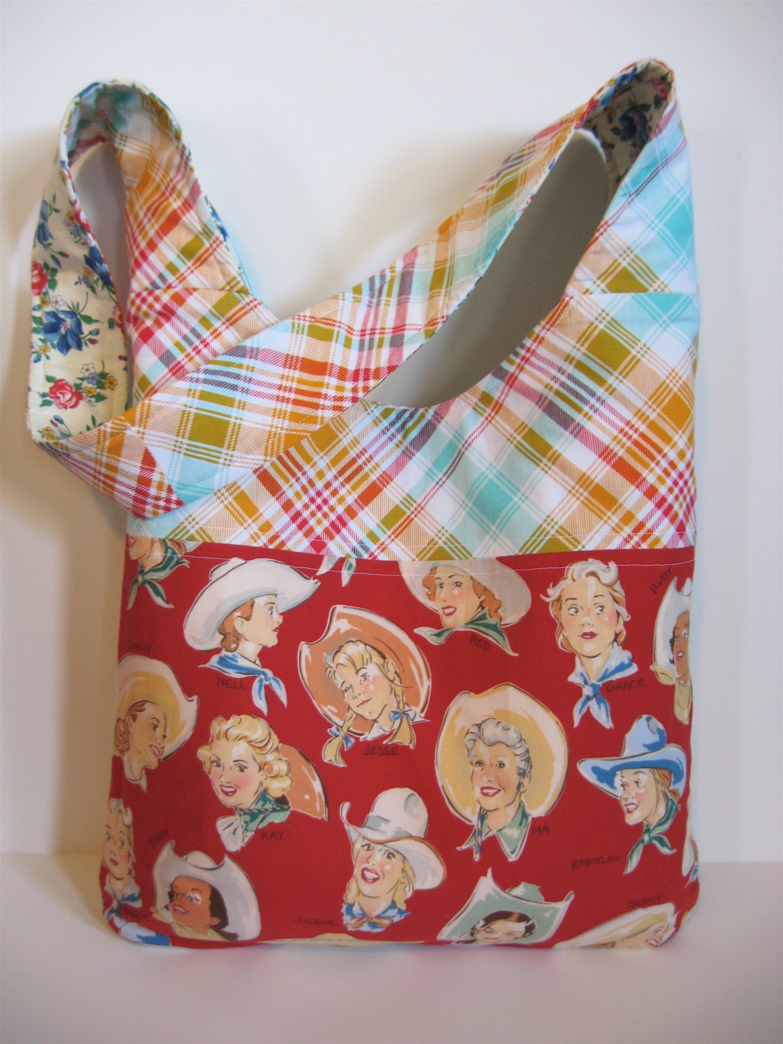 Vintage Cowgirl Buckarettes and Plaid Crossbody Mail Sack Bag