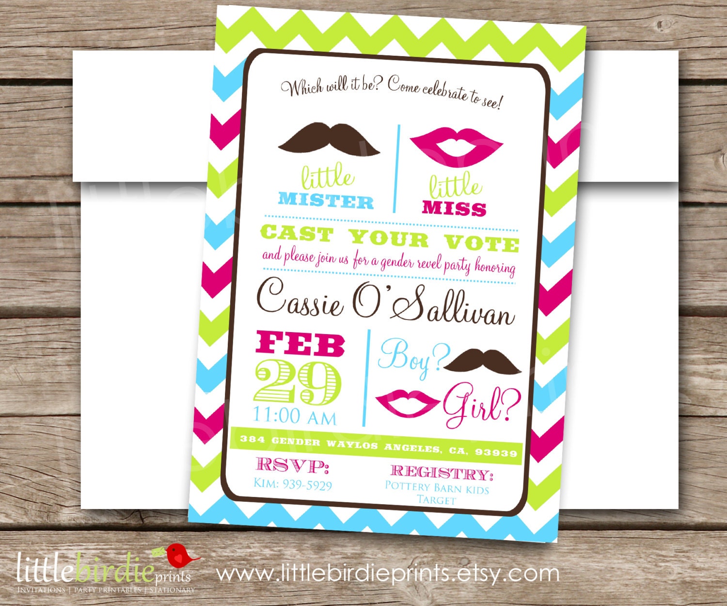 GENDER REVEAL INVITATION - Baby Shower Invitation - Chevron Mustache Lips - Little Mister Little Miss - Boy or Girl - Printable File