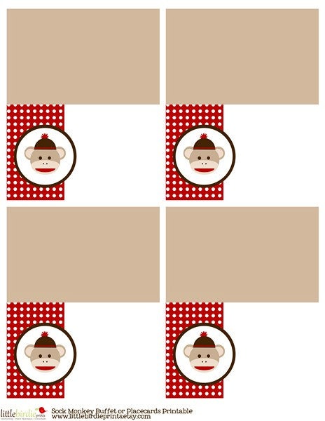 SOCK MONKEY Buffet cards Place cards - Instant Download - Printable file - Argyle and Polka dots with Sock Monkey