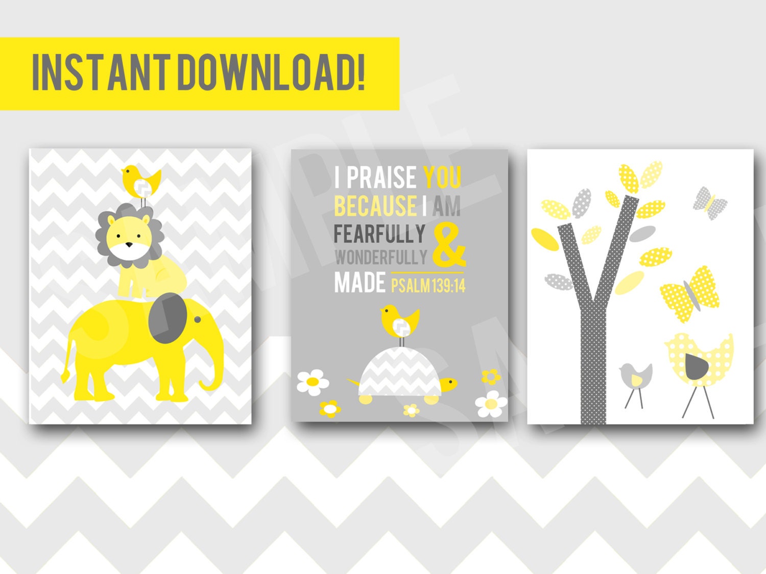 YELLOW GREY CHEVRON Nursery Wall Art - Bible Verse - Bird Elephant LIon Turtle - 3 Set - Religious - Printable INSTant Download