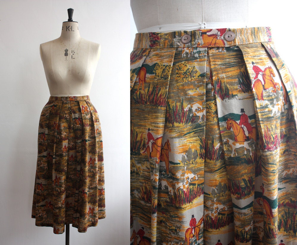 Vintage 1980s Fox Hunt Printed Cotton Skirt Size M-L