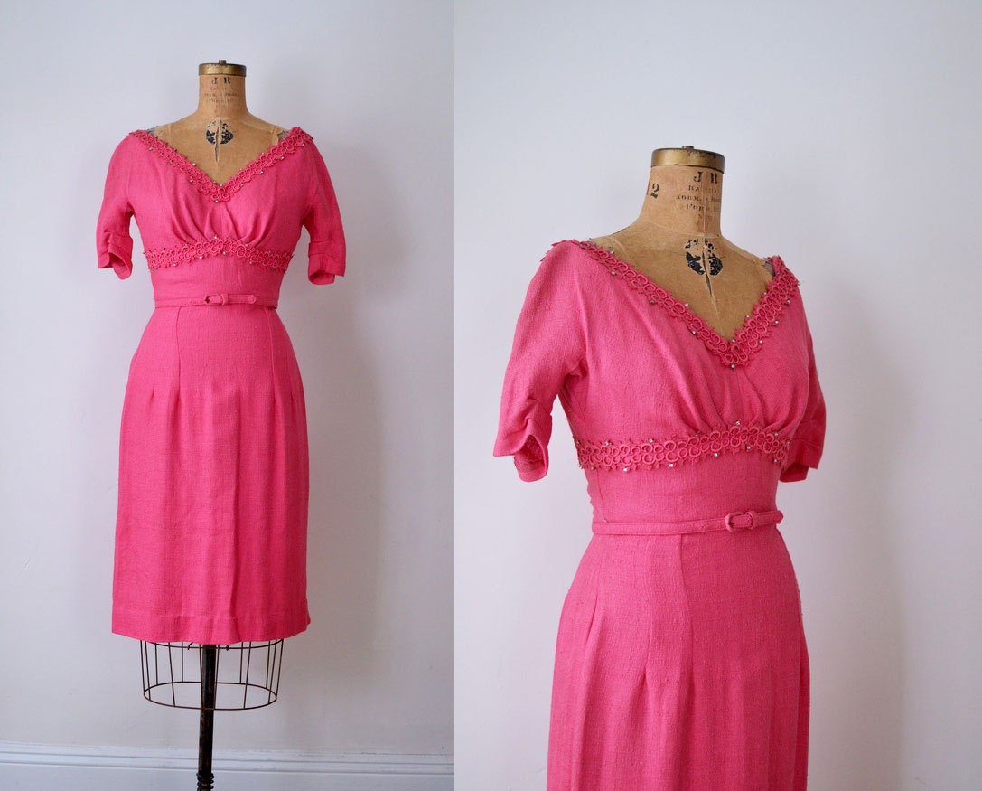 1950s Pink Dress / 50s Raw Silk Wiggle Dress