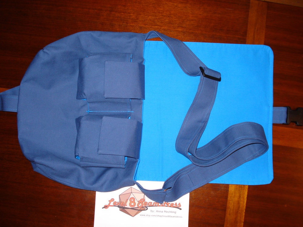 ON SALE Small Messenger Bag for Magic the Gathering or other TCG Decks with 2 Specialty Deck Pockets in Royal Blue and Bright Blue Fabric